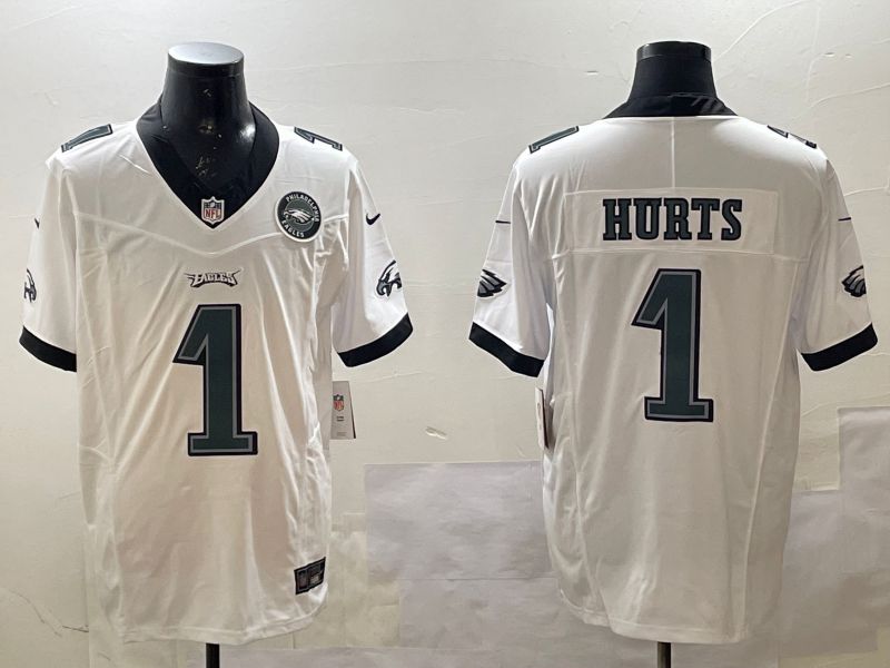 Men Philadelphia Eagles #1 Hurts White three generations 2025 Nike Vapor Limited NFL Jersey style 3